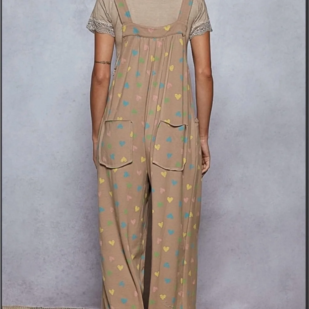 082 - POL Brown Overalls with Colorful Heart Pattern NWOT - Picture 3 of 4
